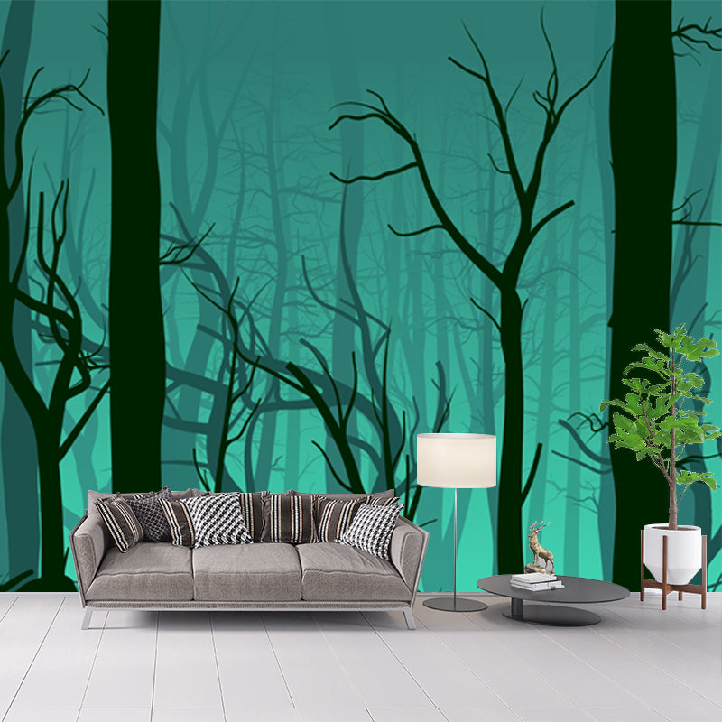 Night Bare Trees Wall Mural Green Artistry Wall Decoration for Bedroom, Custom Printed