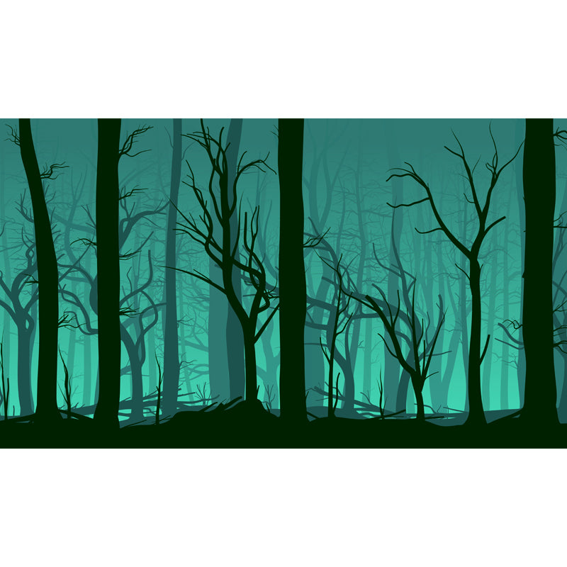 Night Bare Trees Wall Mural Green Artistry Wall Decoration for Bedroom, Custom Printed