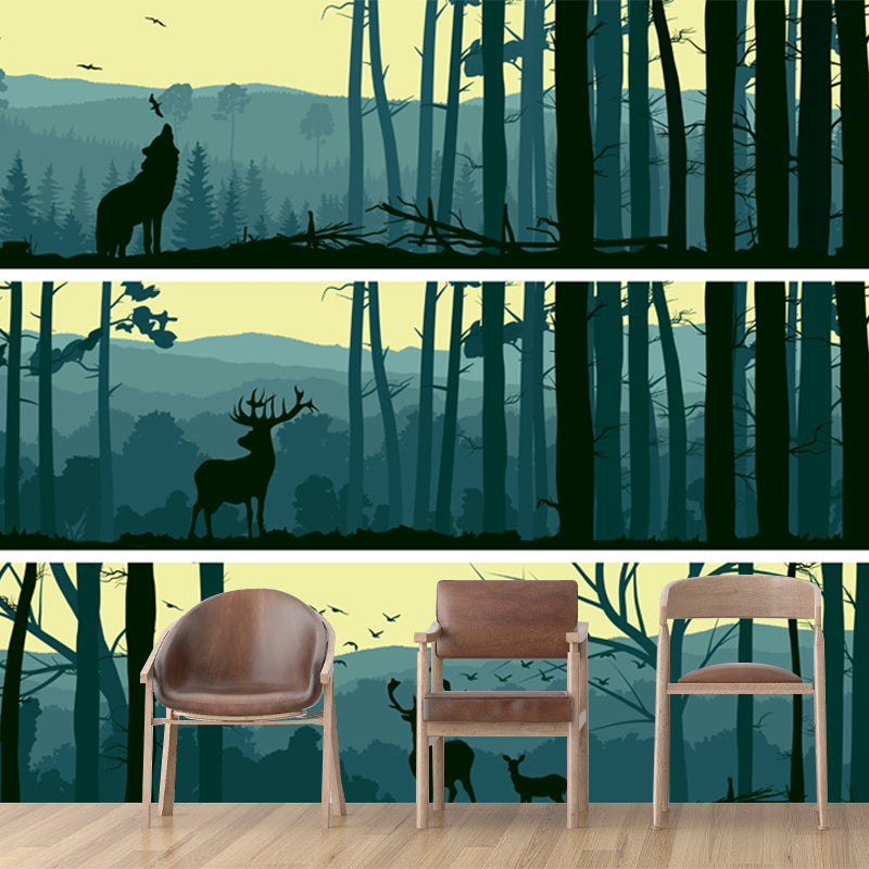 Aqua Forest Scenery Mural Decal Animal Modern Moisture Resistant Wall Art for Home