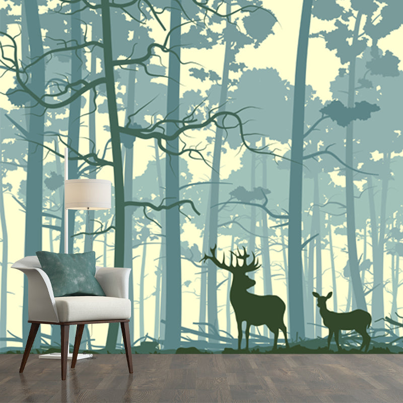 Nordic Forest Deer Silhouette Mural Blue Stain Resistant Wall Covering for Bedroom