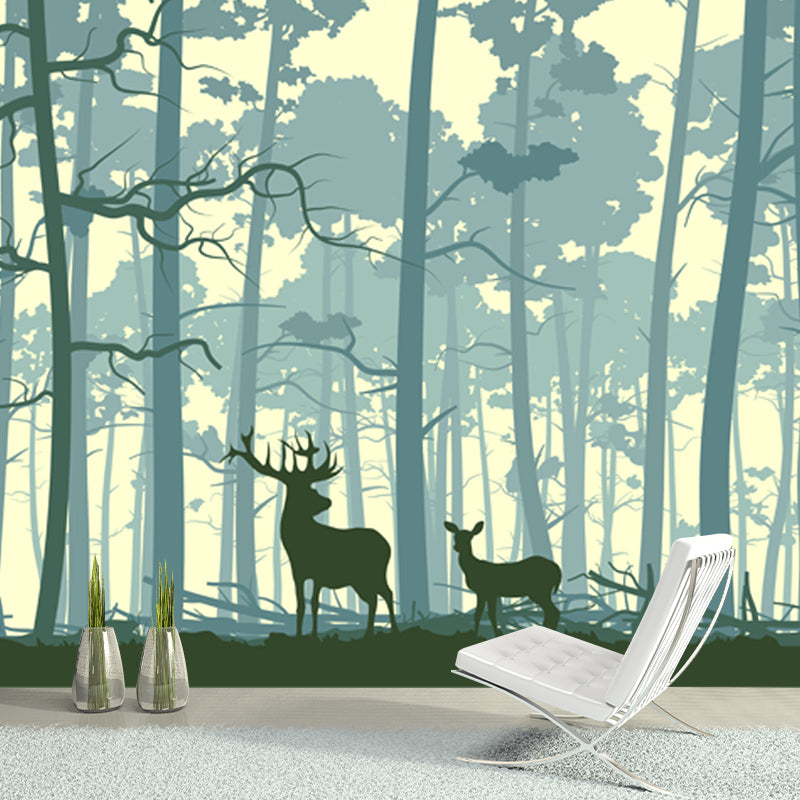 Nordic Forest Deer Silhouette Mural Blue Stain Resistant Wall Covering for Bedroom