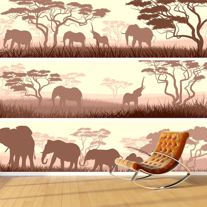 African Savanna Elephant Mural Wallpaper Tropical Non-Woven Wall Decor in Light Brown