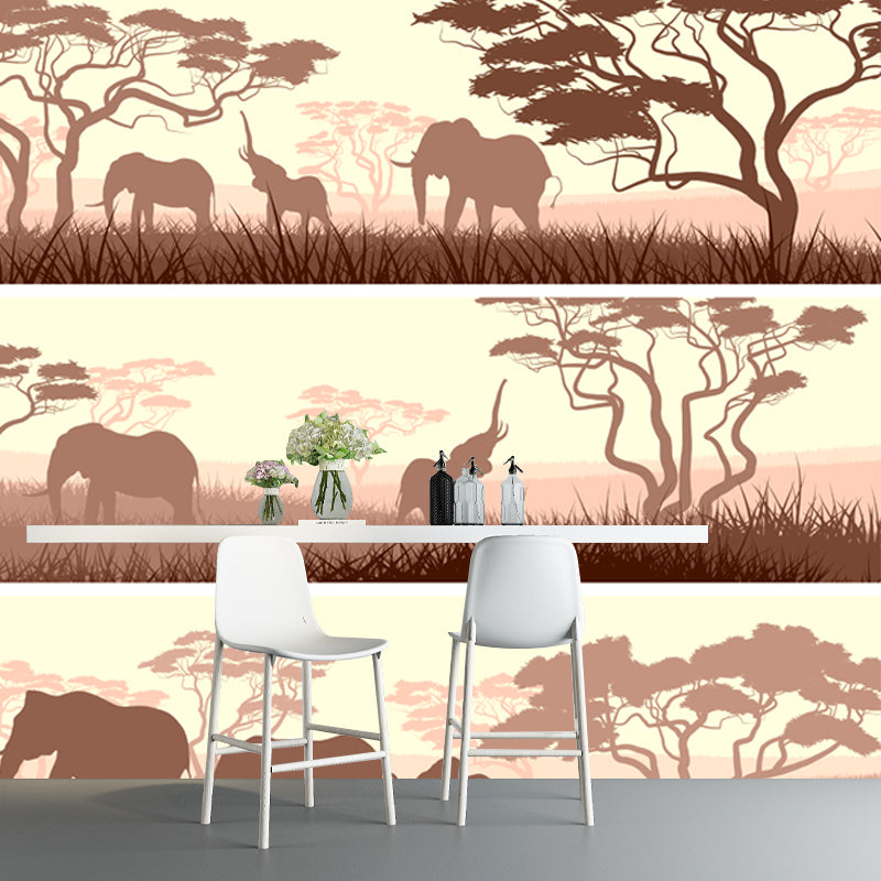 African Savanna Elephant Mural Wallpaper Tropical Non-Woven Wall Decor in Light Brown