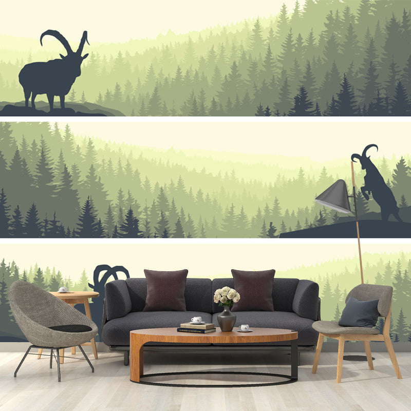 Big Modern Style Mural Light-Green Goat in Sunset Forest Scenery Wall Covering, Custom Size