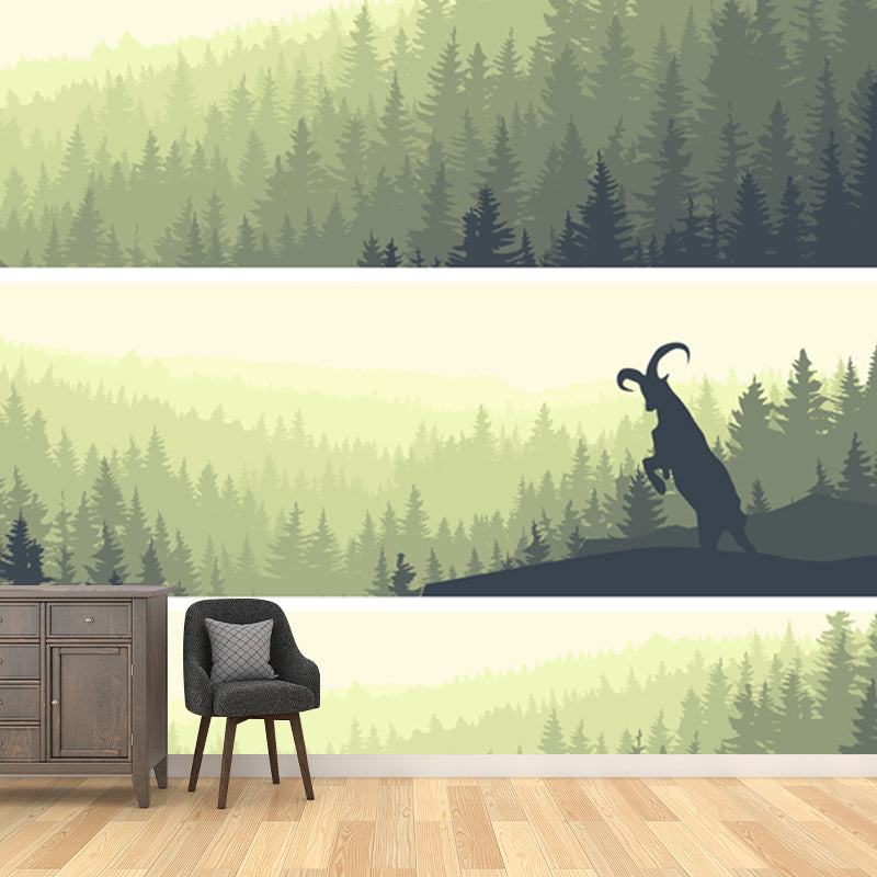 Big Modern Style Mural Light-Green Goat in Sunset Forest Scenery Wall Covering, Custom Size