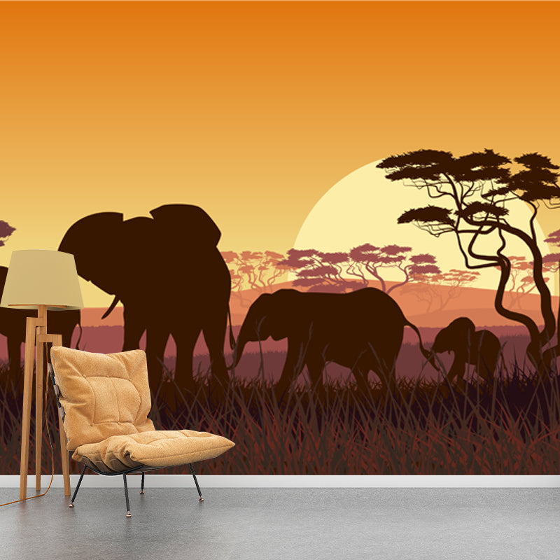 Tropix Night Landscape Mural Yellow Savannas Elephant with Rising Super Moon Wall Decor