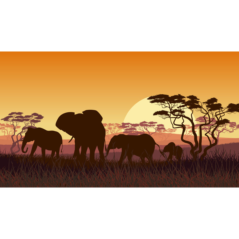 Tropix Night Landscape Mural Yellow Savannas Elephant with Rising Super Moon Wall Decor