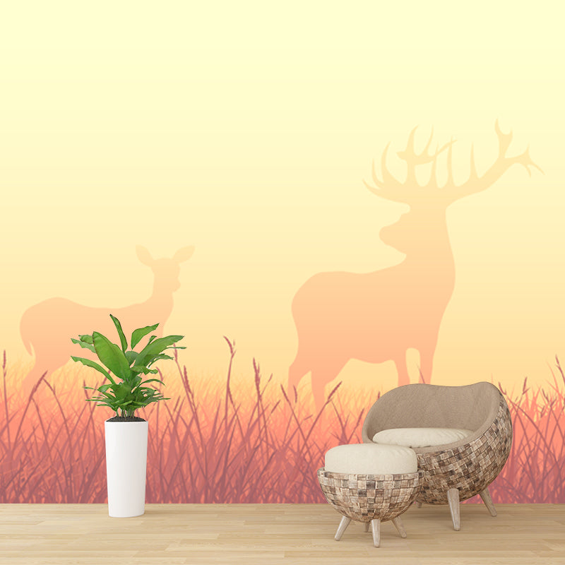 Deers in Foggy Meadow Mural Wallpaper Beige Nordic Wall Art for Living Room, Size Optional