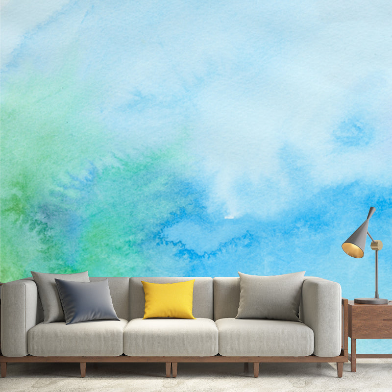 Blue Watercolor Mural Wallpaper Moisture Resistant Modern Bedroom Wall Art, Custom Size