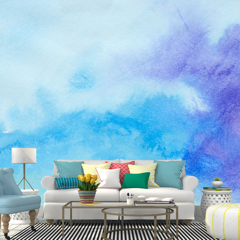 Blue Watercolor Mural Wallpaper Moisture Resistant Modern Bedroom Wall Art, Custom Size