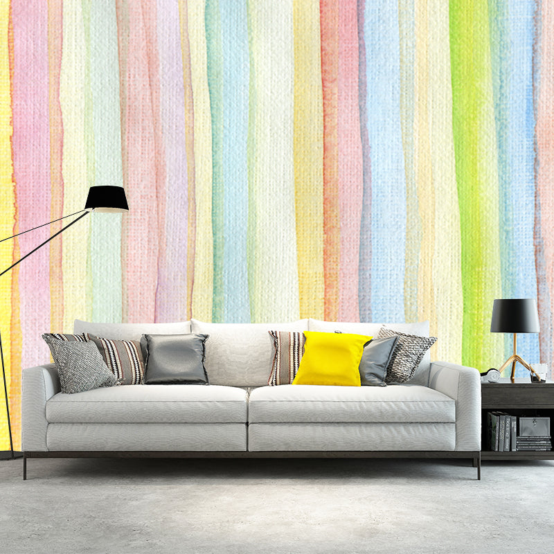 Watercolor Stripes Wallpaper Mural Mediterranean Non-Woven Cloth Wall Art in Yellow