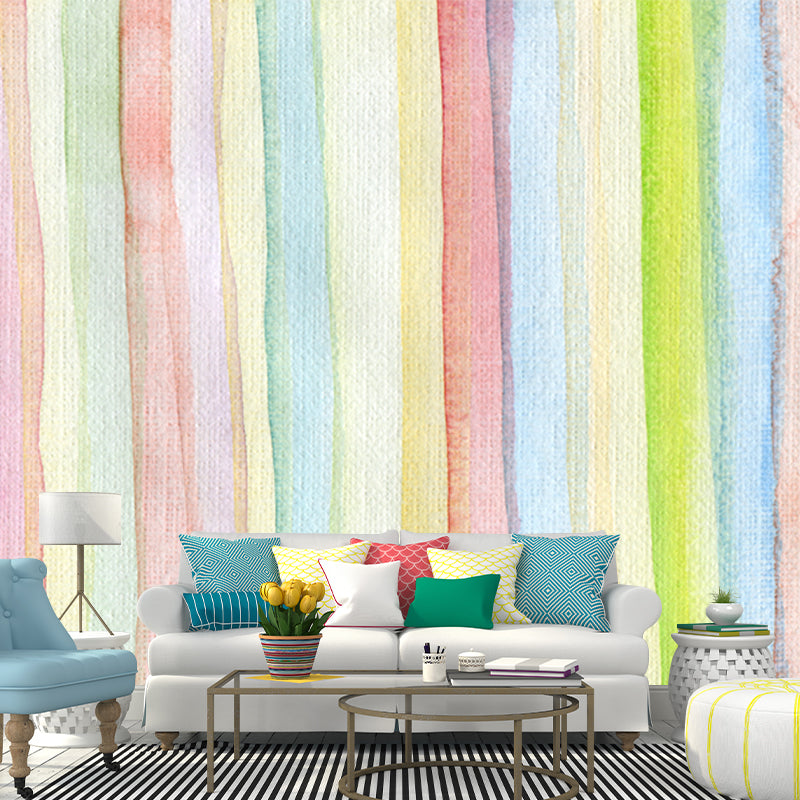Watercolor Stripes Wallpaper Mural Mediterranean Non-Woven Cloth Wall Art in Yellow