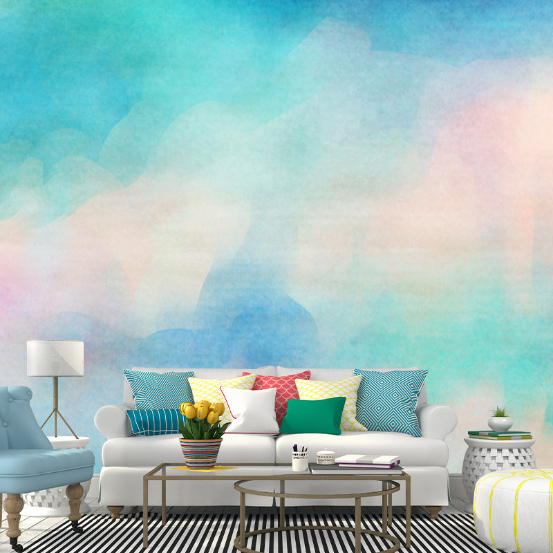 Artistic Rainbow Mural Wallpaper Light-Blue Watercolor Wall Decoration for Kids Bedroom