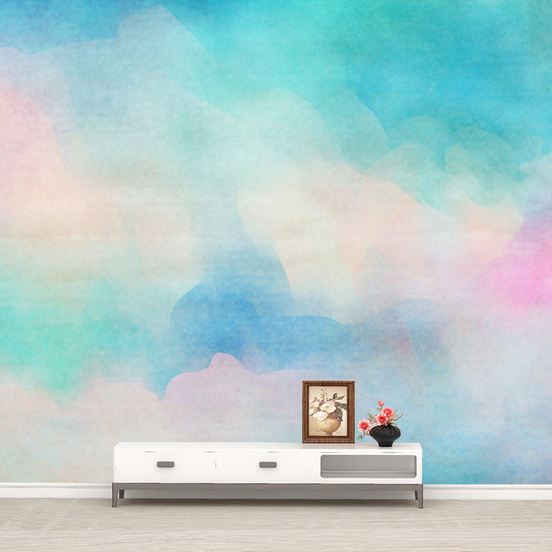 Künstlerische Regenbogen-Wandtapete, hellblaue Aquarell-Wanddekoration für Kinderzimmer