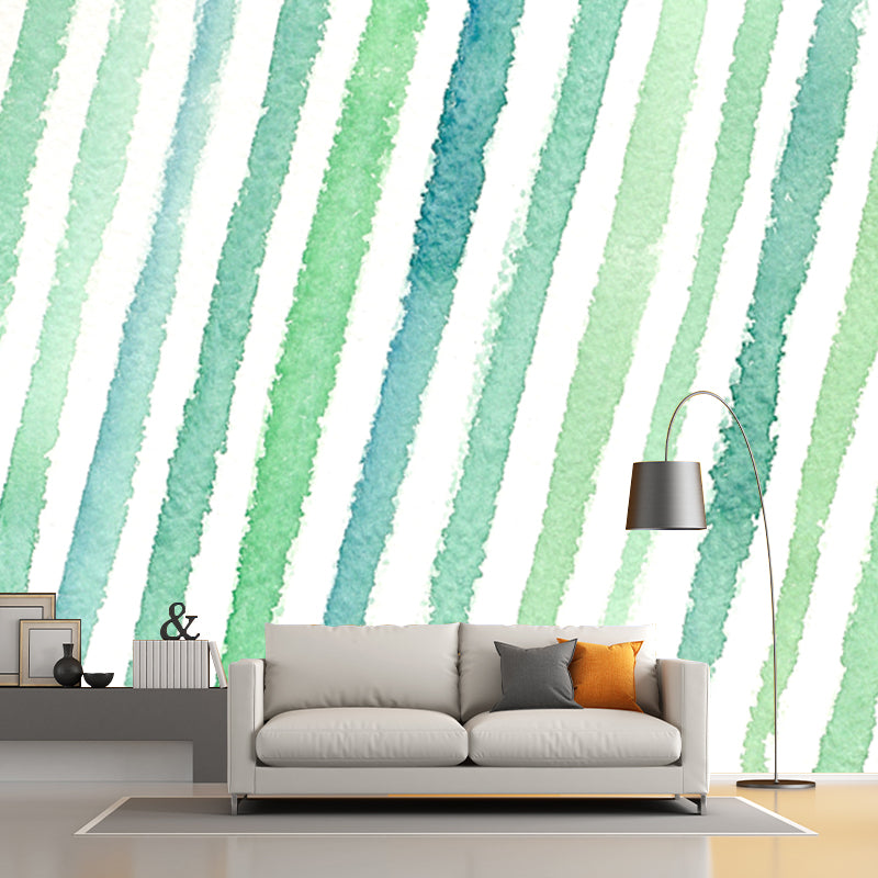 Green Watercolor Striped Mural Wallpaper Moisture Resistant Wall Art for Living Room