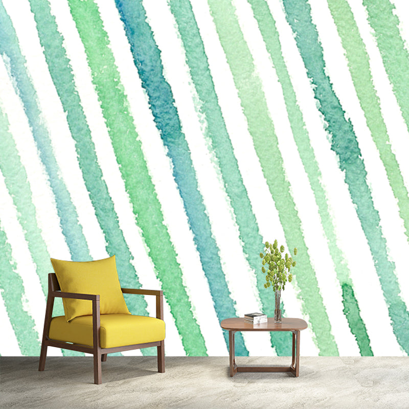 Green Watercolor Striped Mural Wallpaper Moisture Resistant Wall Art for Living Room