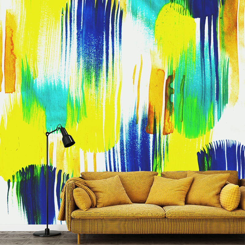 Yellow-Blue Brush Stroke Mural Decal Watercolor Modern Washable Wall Art for Living Room