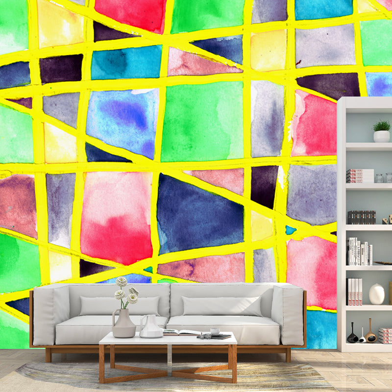 Artistic Geometric Watercolor Mural Green Moisture Resistant Wall Decor for Bedroom