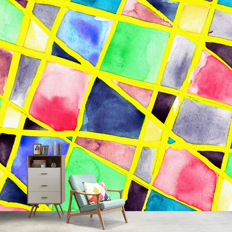 Artistic Geometric Watercolor Mural Green Moisture Resistant Wall Decor for Bedroom