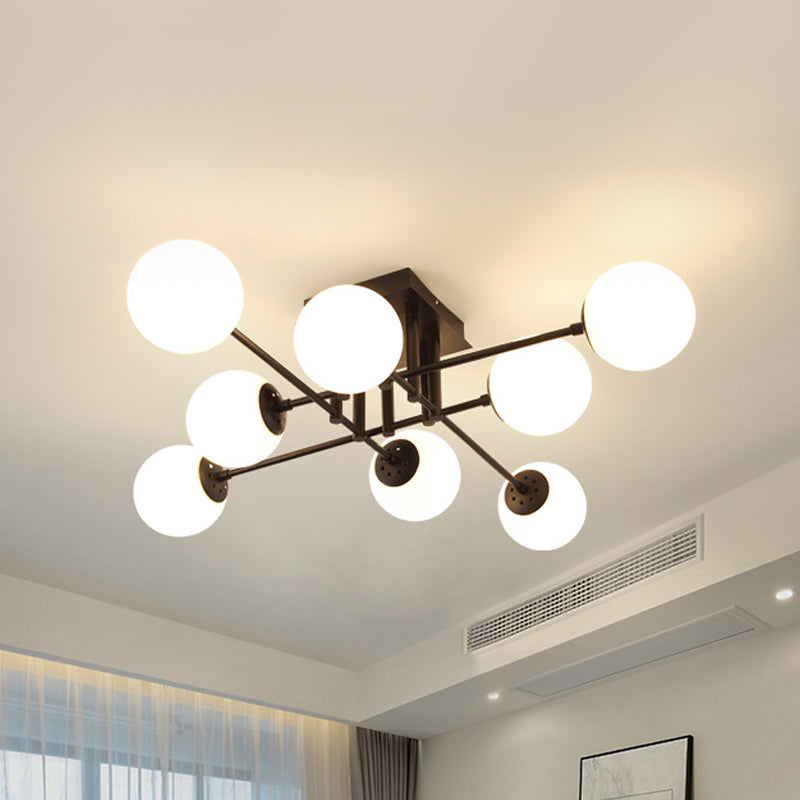 Metal Crossed Lines Semi Flush Ceiling Lighting Nordic 3/8/12 Heads Black Ceiling Flush Mount with Ball Glass Shade for Living Room