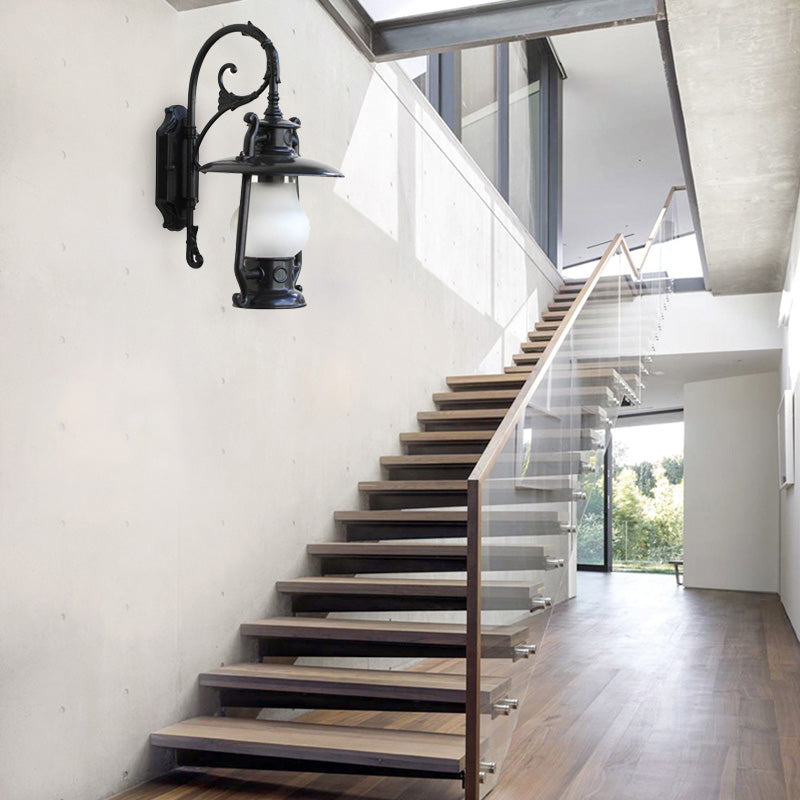 Lantern Frosted Glass Wall Mounted Lamp Coastal Single Bulb Outdoor Sconce Light in Black/Aged Brass