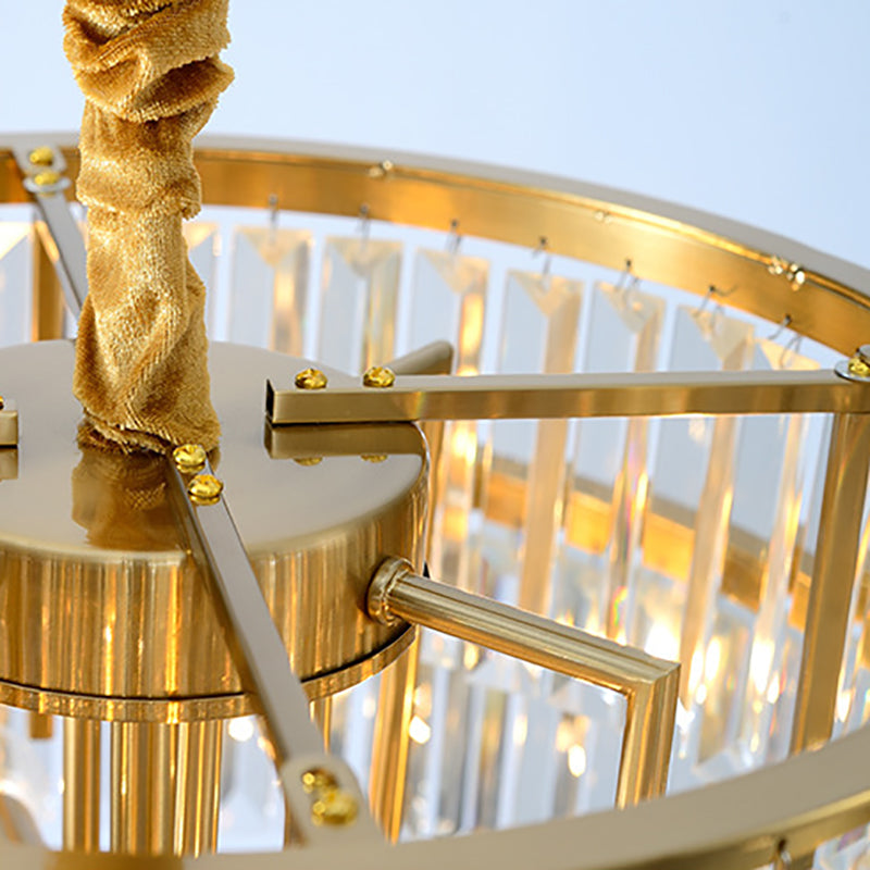3-stufige runde Kronleuchterleuchte zeitgenössische Metallanhängerlampe mit Kristallblock in Gold
