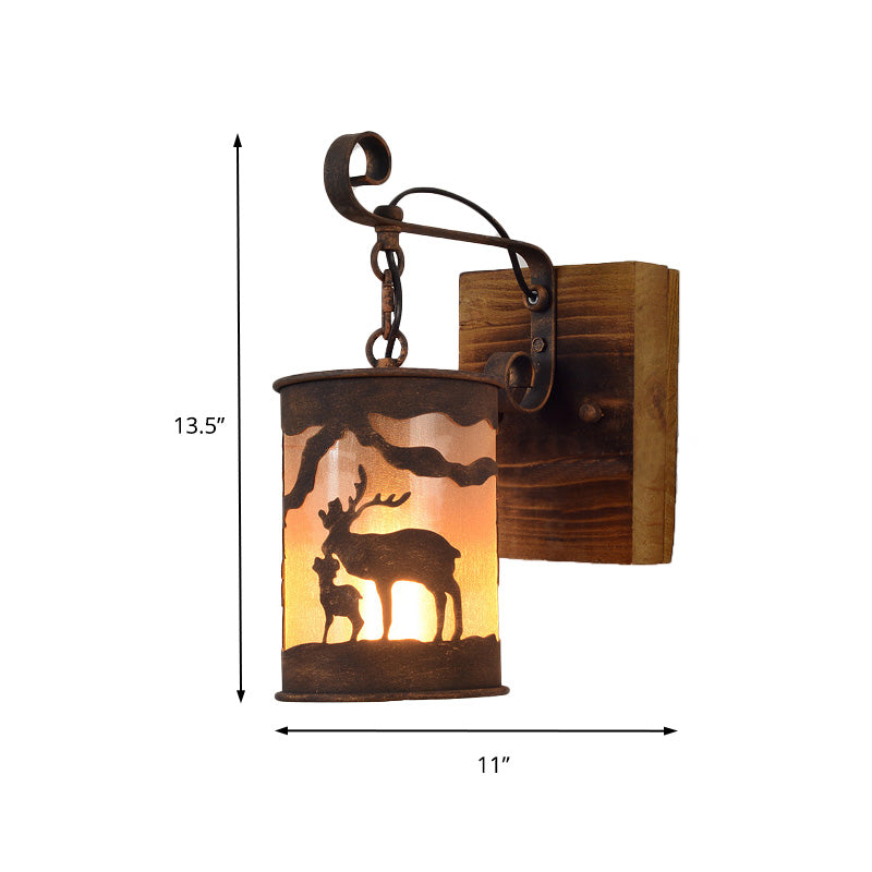Cylinder Metal Wall Mounted Lamp Industrial Single Bulb Indoor Sconce Light in Rust with Wood Backplate