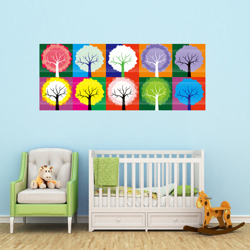 Childrens Art Trees Wallpaper Panel Red-Yellow-Blue-Green Stick On Wall Decor for Bedroom