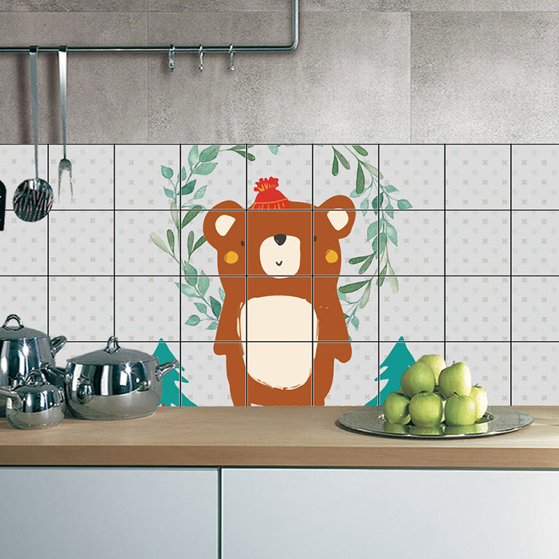 Brown Bear Wallpaper Panels Easy Peel off Cartoon Kitchen Wall Decor, 12.9-sq ft (12 Pcs)