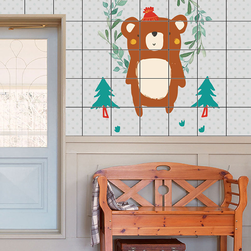 Brown Bear Wallpaper Panels Easy Peel off Cartoon Kitchen Wall Decor, 12.9-sq ft (12 Pcs)