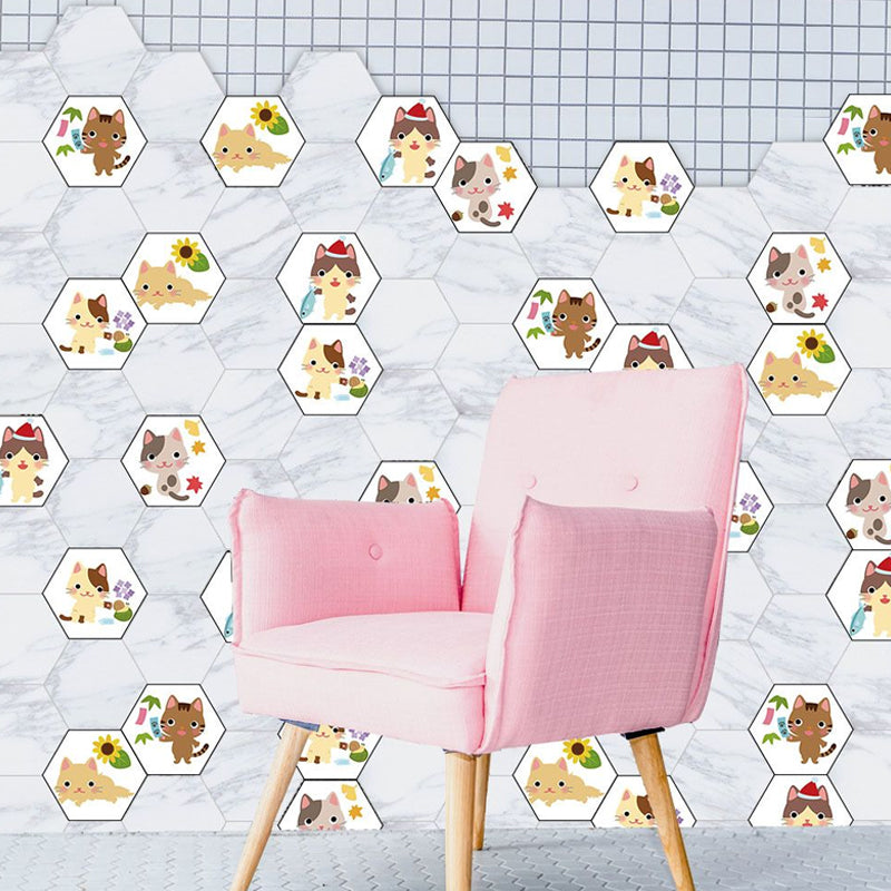 Cartoon Kids Wallpaper Panel Set with Kitty Pattern Brown-White Wall Art, Removable