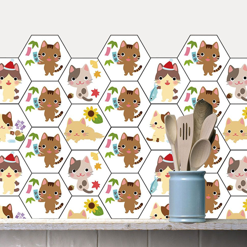 Cartoon Kids Wallpaper Panel Set with Kitty Pattern Brown-White Wall Art, Removable
