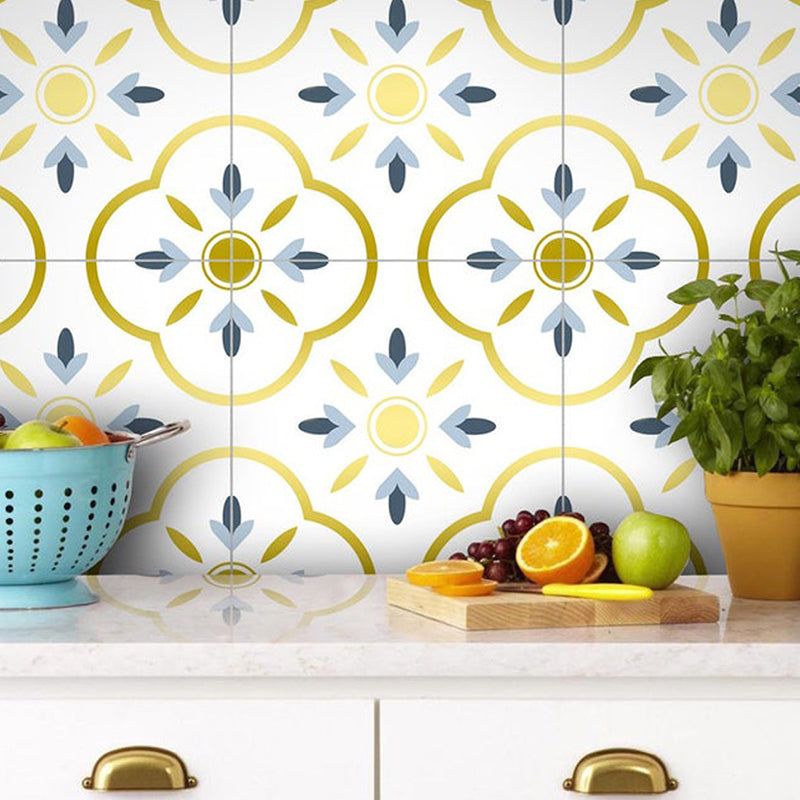 Bohemian Quatrefoil Adhesive Wallpapers Yellow Kitchen Wall Covering on White, 8' x 8"