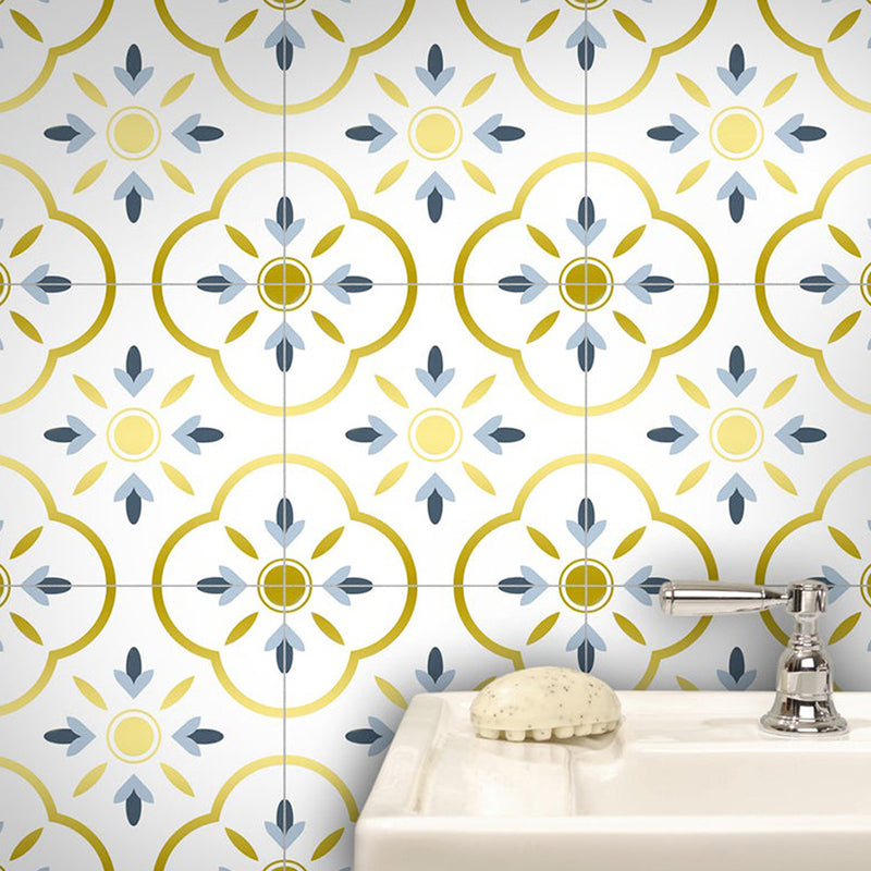 Bohemian Quatrefoil Adhesive Wallpapers Yellow Kitchen Wall Covering on White, 8' x 8"