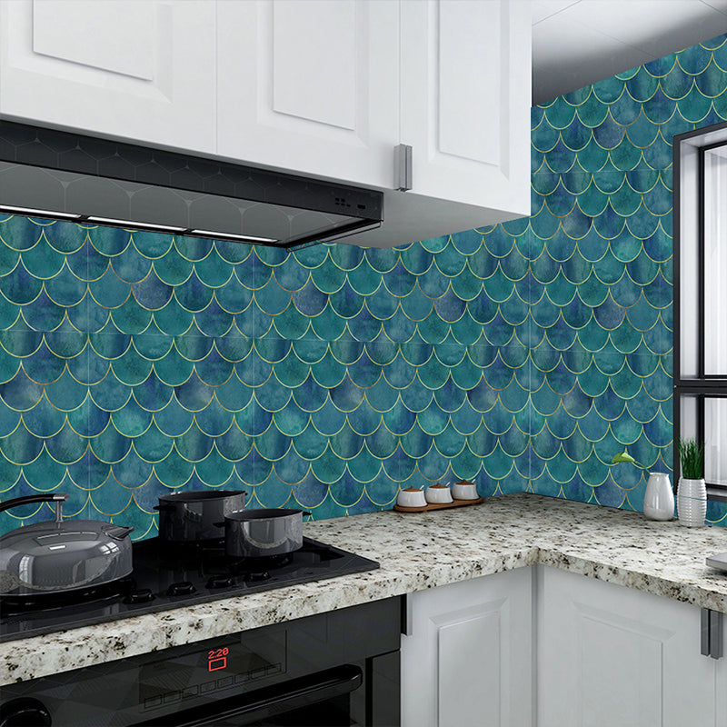 Blue Fishscale Wallpaper Panel Set 20 Pieces Self Adhesive Wall Decor for Washroom