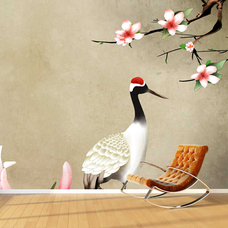 Light Brown Chinese Wallpaper Mural Whole Flower and Red-Crown Crane Wall Art for Home