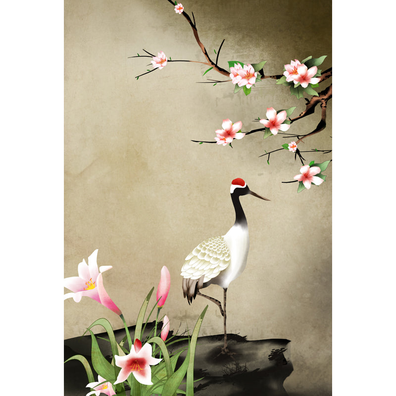 Light Brown Chinese Wallpaper Mural Whole Flower and Red-Crown Crane Wall Art for Home