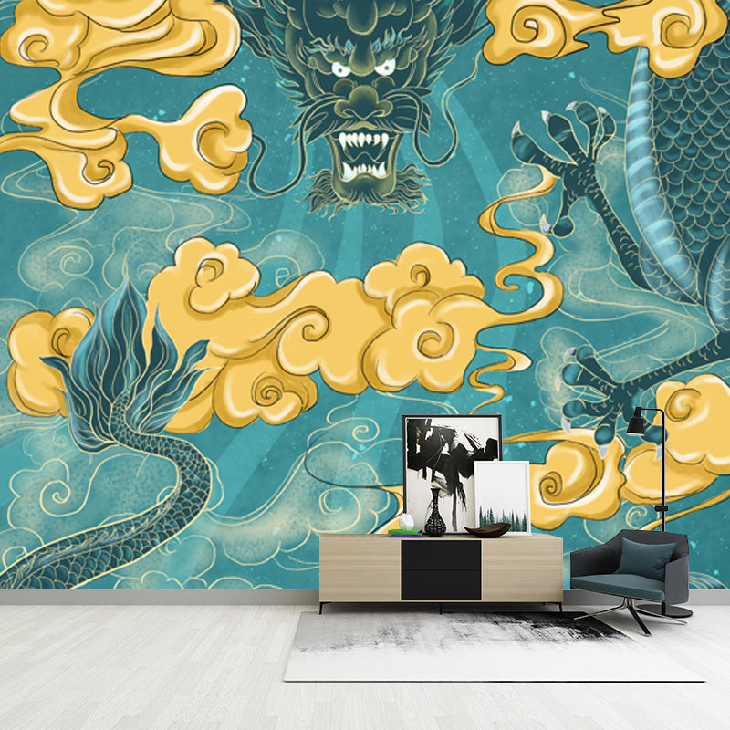 Aqua Dragon with Cloud Mural Decal Moisture Resistant Chinese Style Bedroom Wall Decor