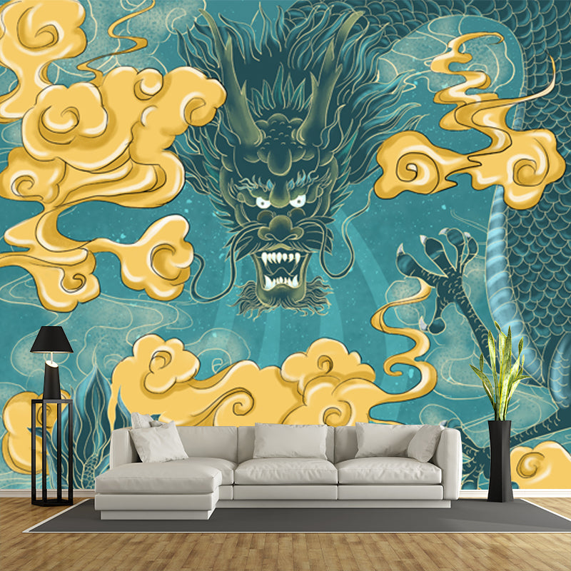 Aqua Dragon with Cloud Mural Decal Moisture Resistant Chinese Style Bedroom Wall Decor