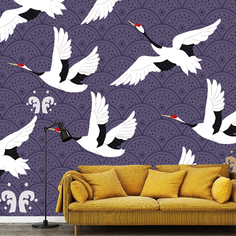 Large Chinoiserie Wallpaper Mural White Flocks of Red-Crown Crane Wall Art on Purple