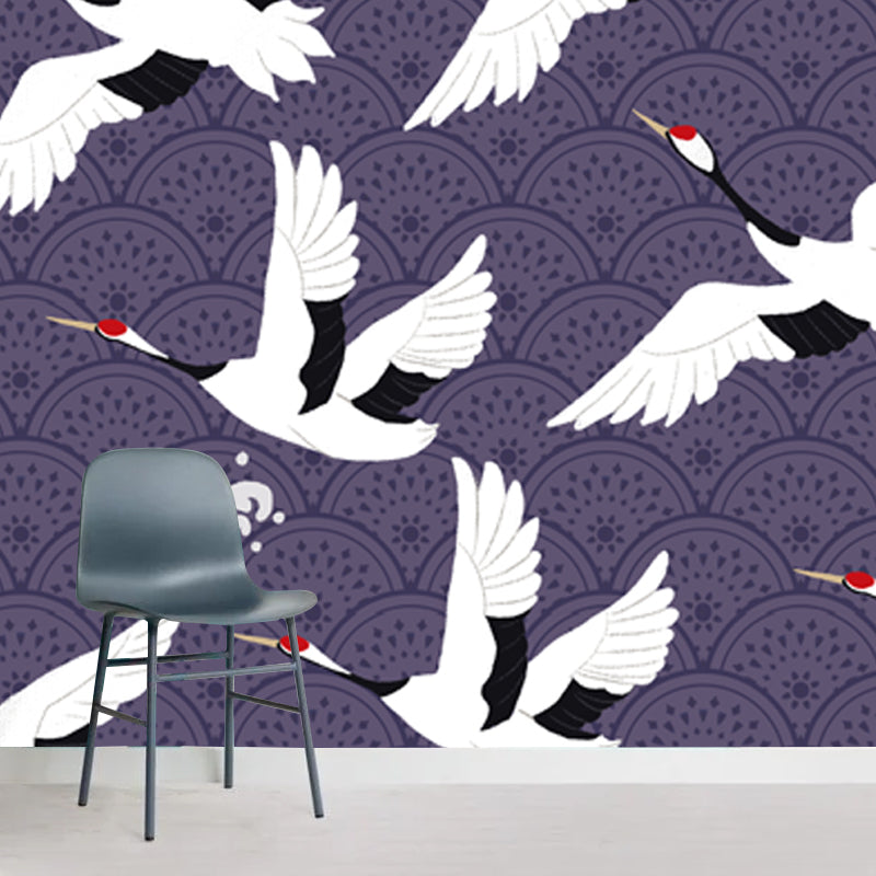 Large Chinoiserie Wallpaper Mural White Flocks of Red-Crown Crane Wall Art on Purple