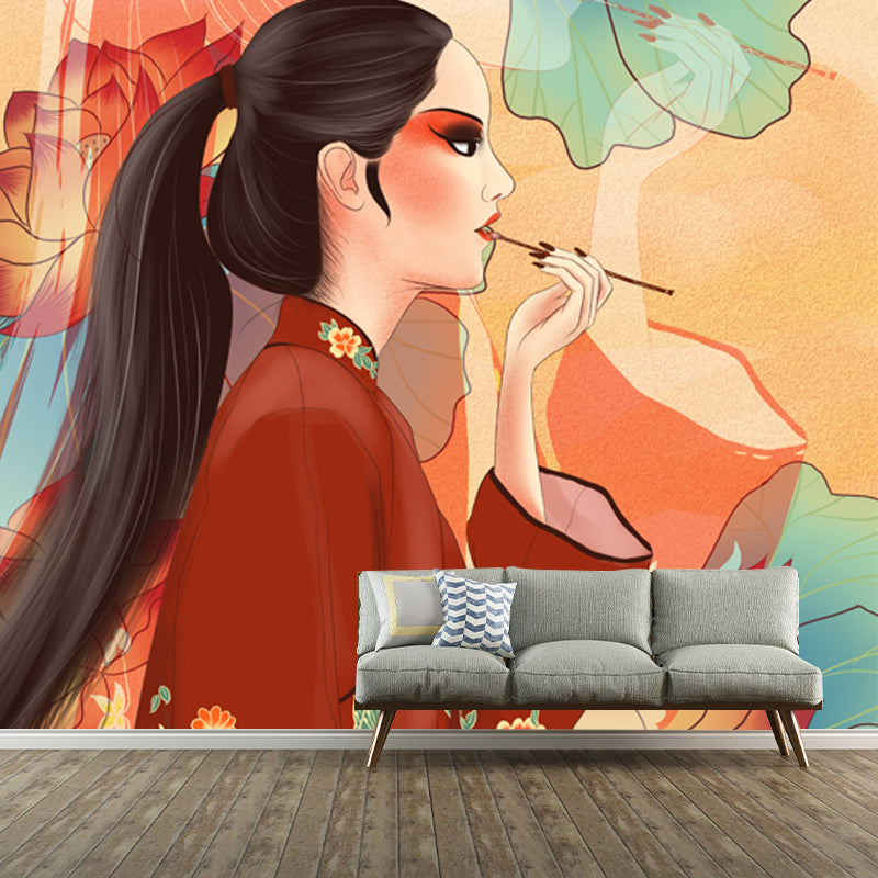 Chinese Opera Actress Mural in Red Girls Bedroom Wall Decoration, Custom Size Available