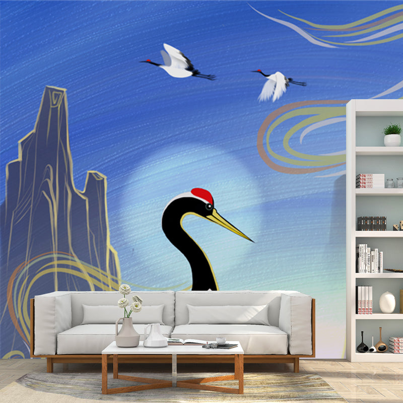 Non-Woven Stain Resistant Mural Chinese Red Crowned Crane with Sunrise Scenery Wall Art