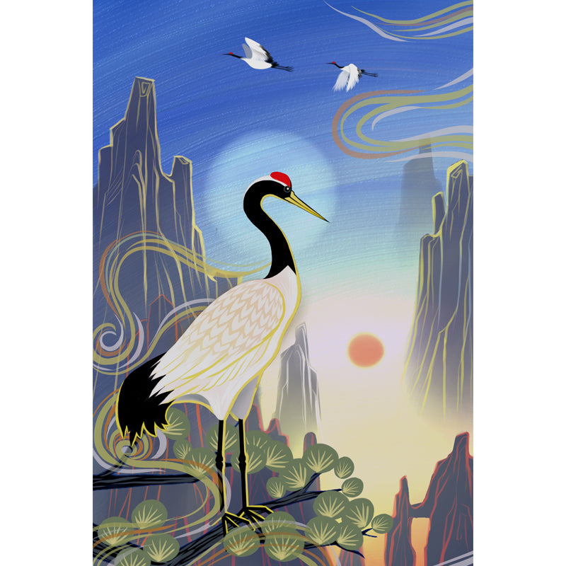 Non-Woven Stain Resistant Mural Chinese Red Crowned Crane with Sunrise Scenery Wall Art