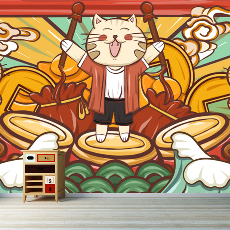 Cats Drum Performance Mural Wallpaper Red Chinese Style Wall Decor for Kids Bedroom