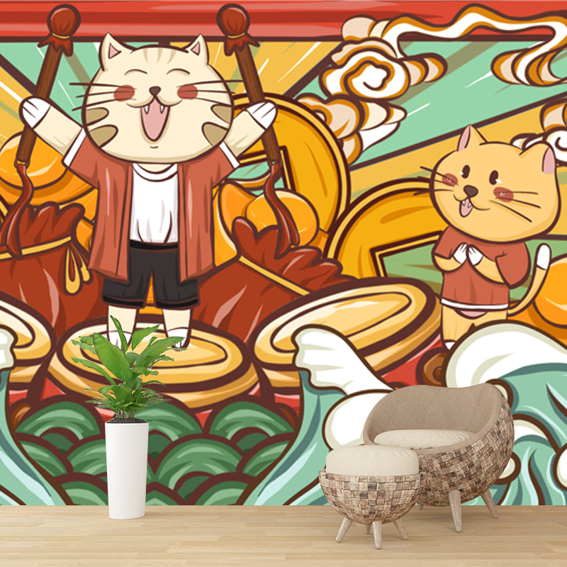 Cats Drum Performance Mural Wallpaper Red Chinese Style Wall Decor for Kids Bedroom