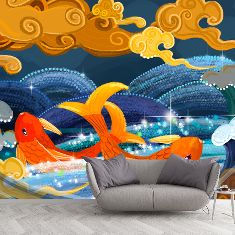 Chinoiserie Carps and Cloud Mural Non-Woven Waterproof Blue Wall Art for Living Room