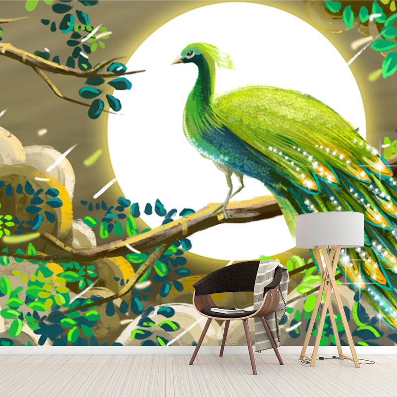 Whole Chinoiserie Wall Mural Decal Green Peacock and Super Moon Wall Covering, Custom Made