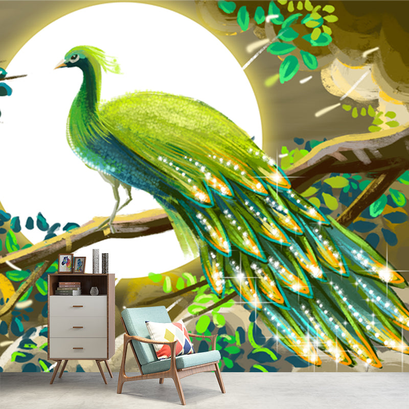Whole Chinoiserie Wall Mural Decal Green Peacock and Super Moon Wall Covering, Custom Made