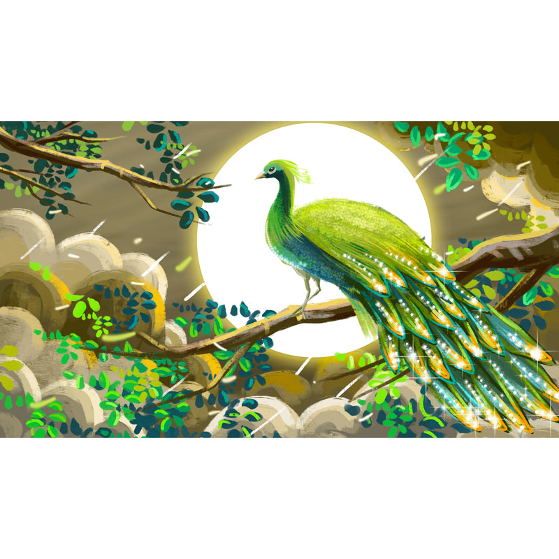 Whole Chinoiserie Wall Mural Decal Green Peacock and Super Moon Wall Covering, Custom Made